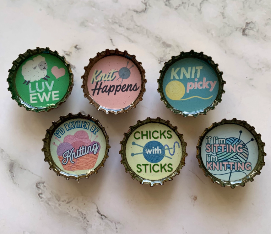 Upcycled Bottle Cap Magnets - Knitting