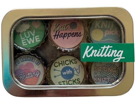 Upcycled Bottle Cap Magnets - Knitting